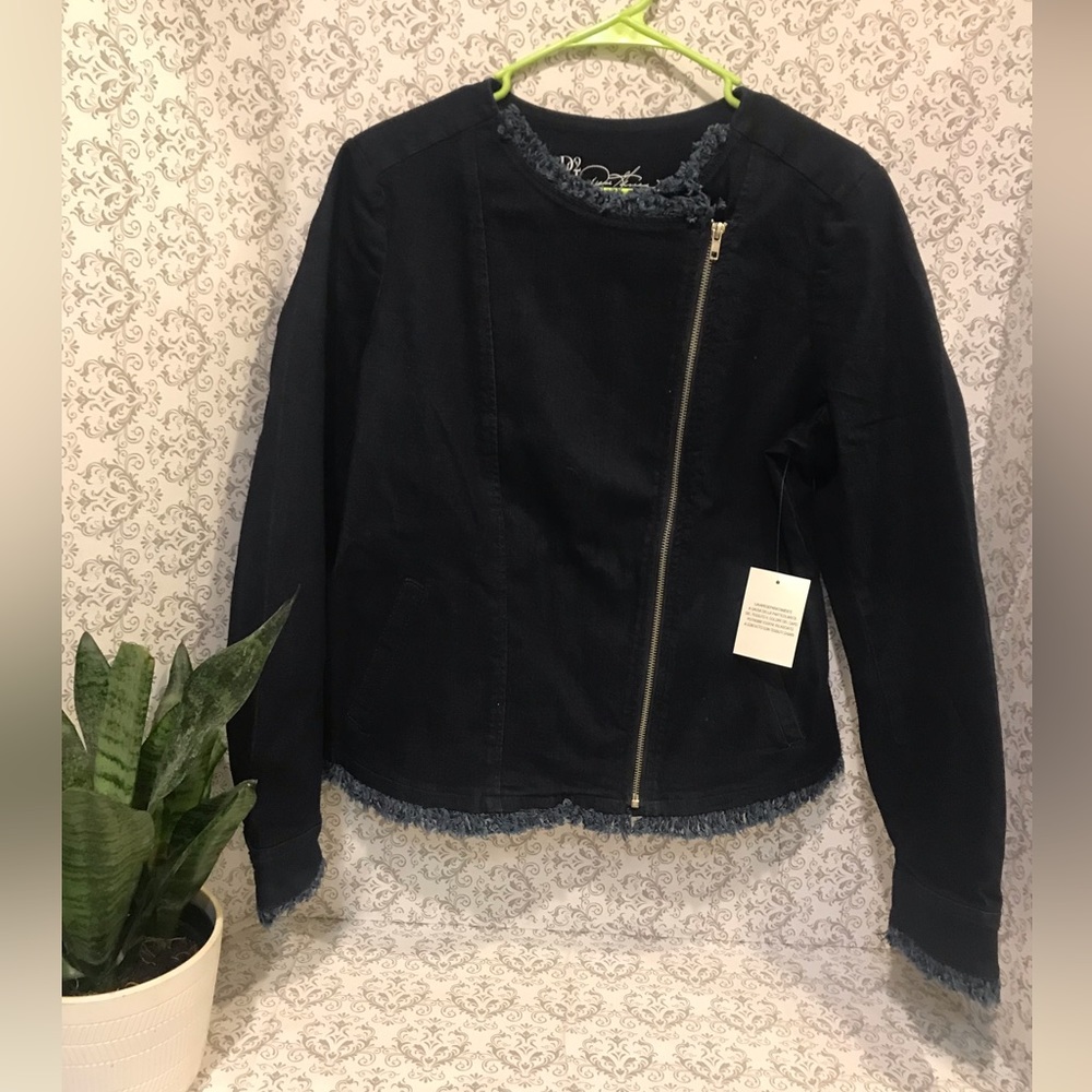 NWT DG2 DARK 👖Denim Jacket Diane Gilman Vintage LARGE 2 Faux pockets